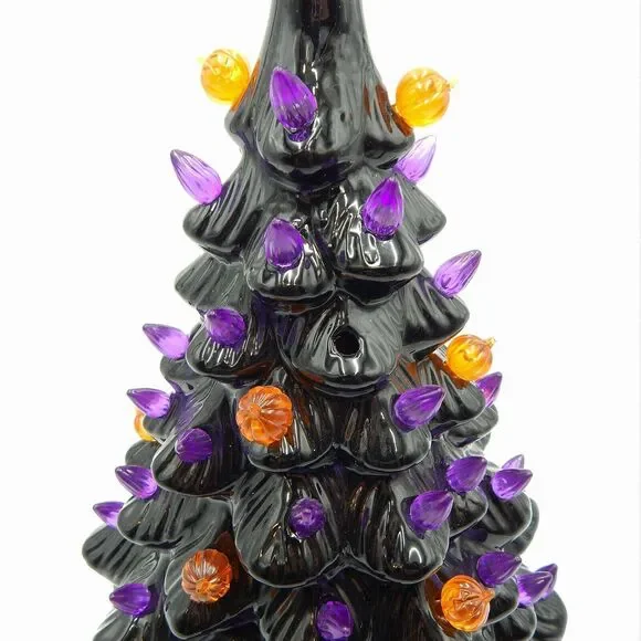 Halloween Tabletop Light Up Tree Ceramic 13 Inch Black Orange Purple